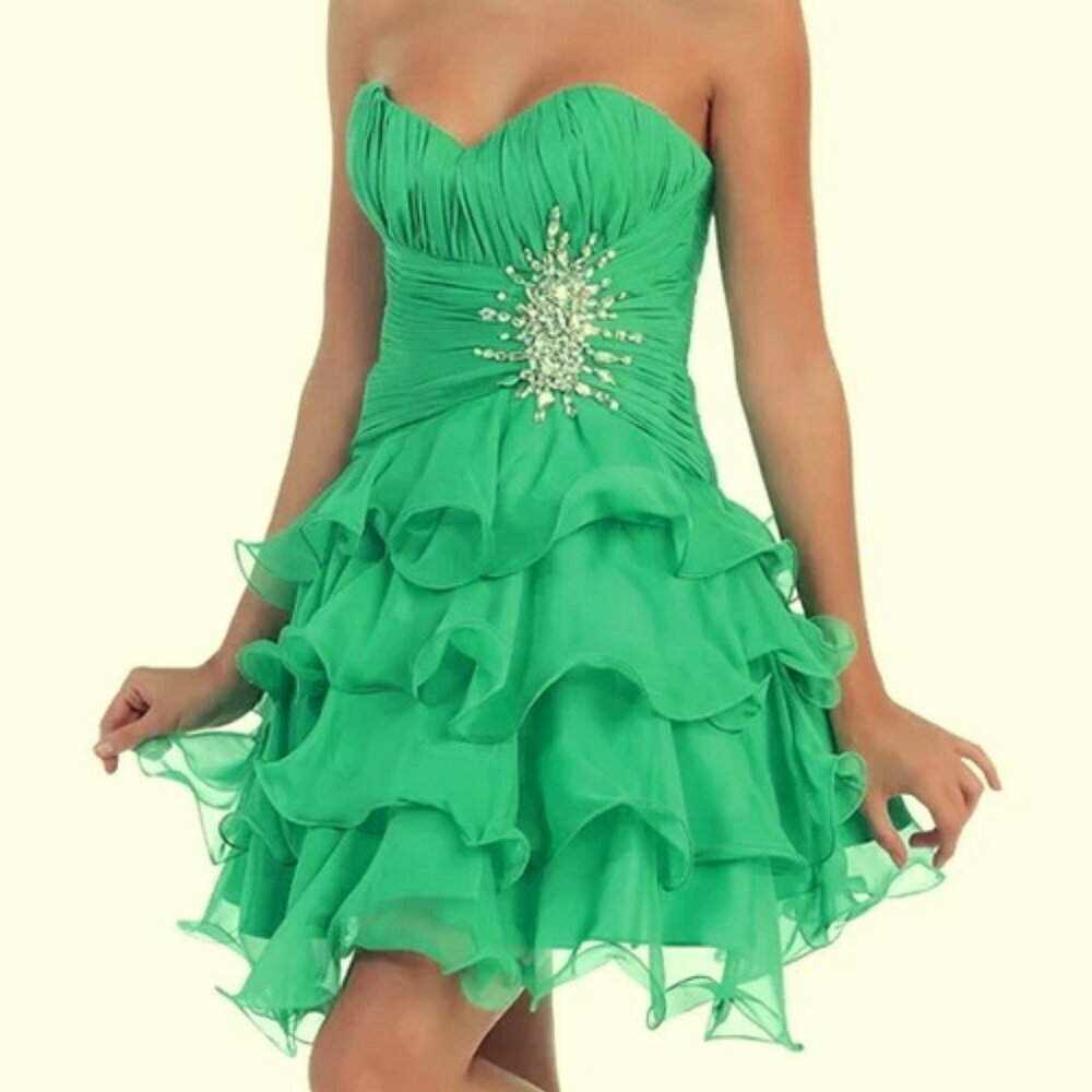 May Queen Green Strapless Short Cocktail Fit and Flare Tulle Ruffle